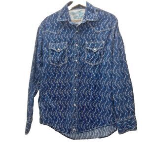 Wrangler Retro Blue Long Sleeve Western Shirt rodeo collared country Medium